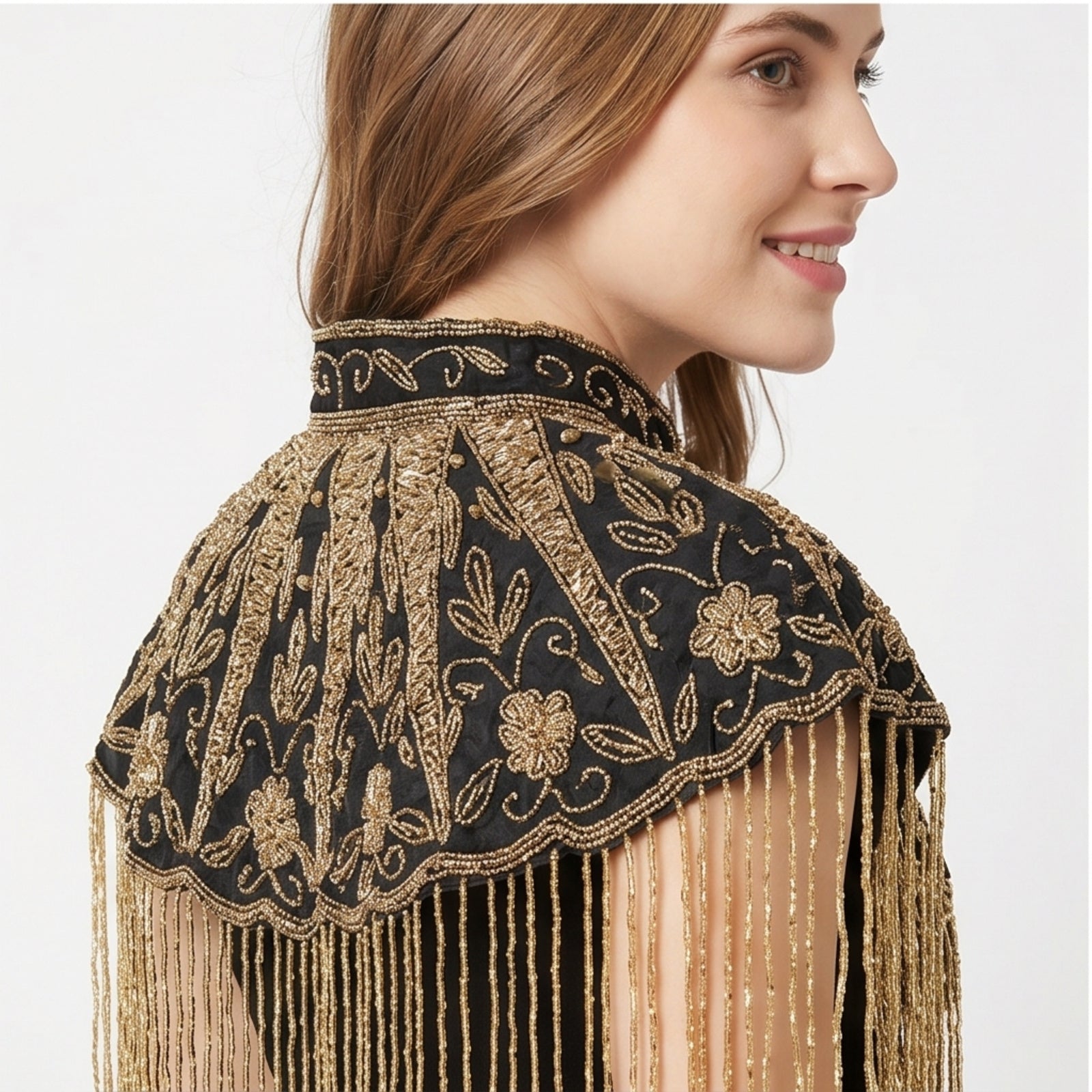 Women's Elegant Hand-Embroidered Black Collar Cape Overlay with Metallic Fringe Tassel Dress-3