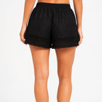 Women's Black Textured Lace Trim Relaxed Fit Drawstring Summer Shorts-4