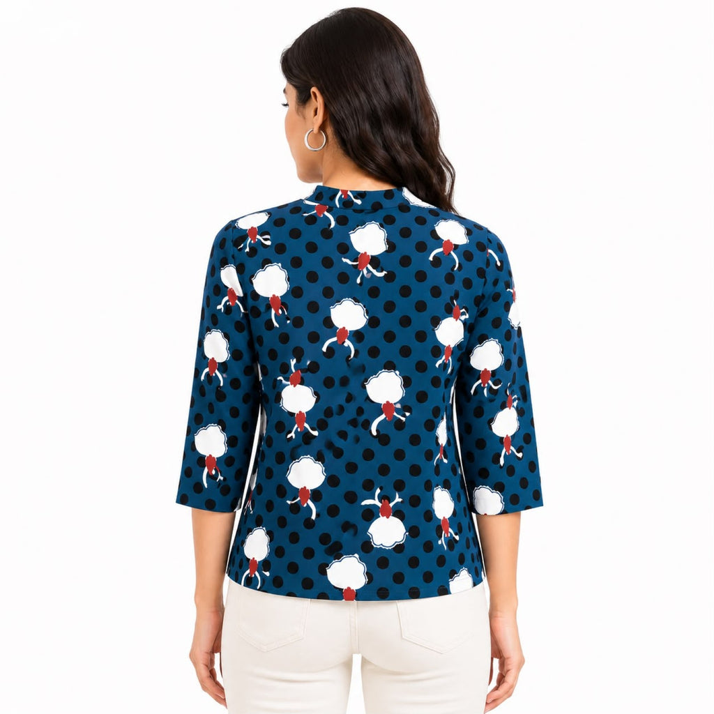 Women's Navy Blue Floral Polka Dot Printed Top-4