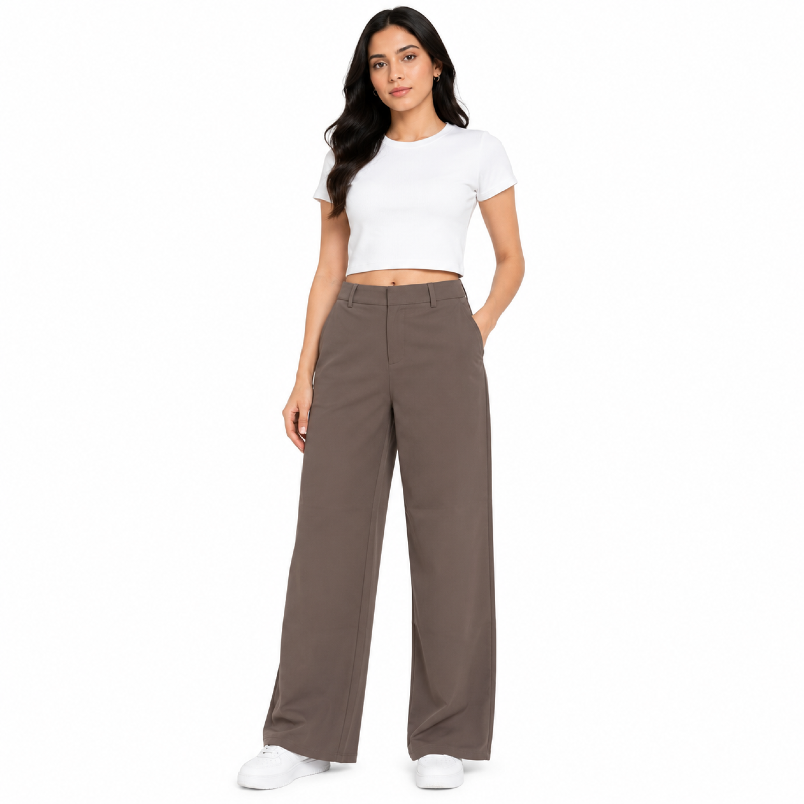 Women's Brown High-Waist Wide Leg Formal Trousers-1