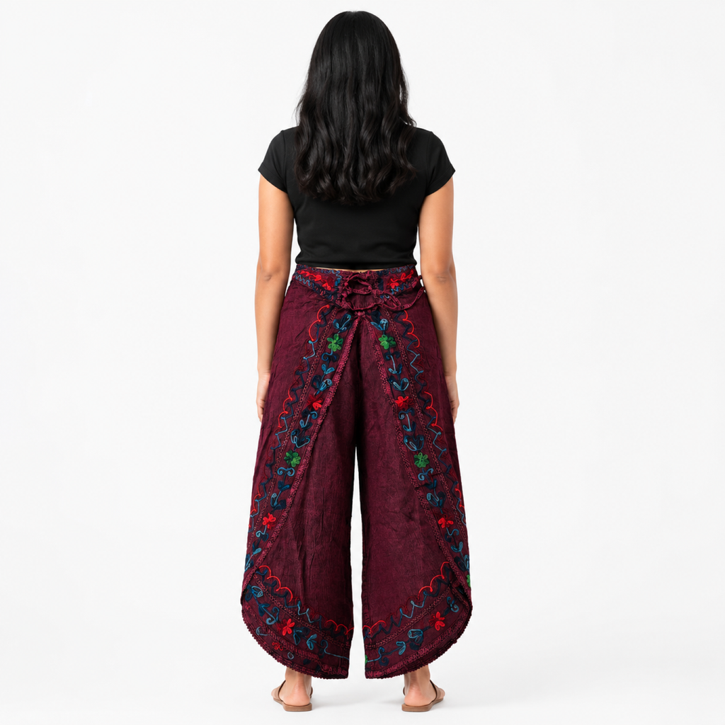 Women's Wine Embroidered Elastic Waist Wide Leg Palazzo Pants-2