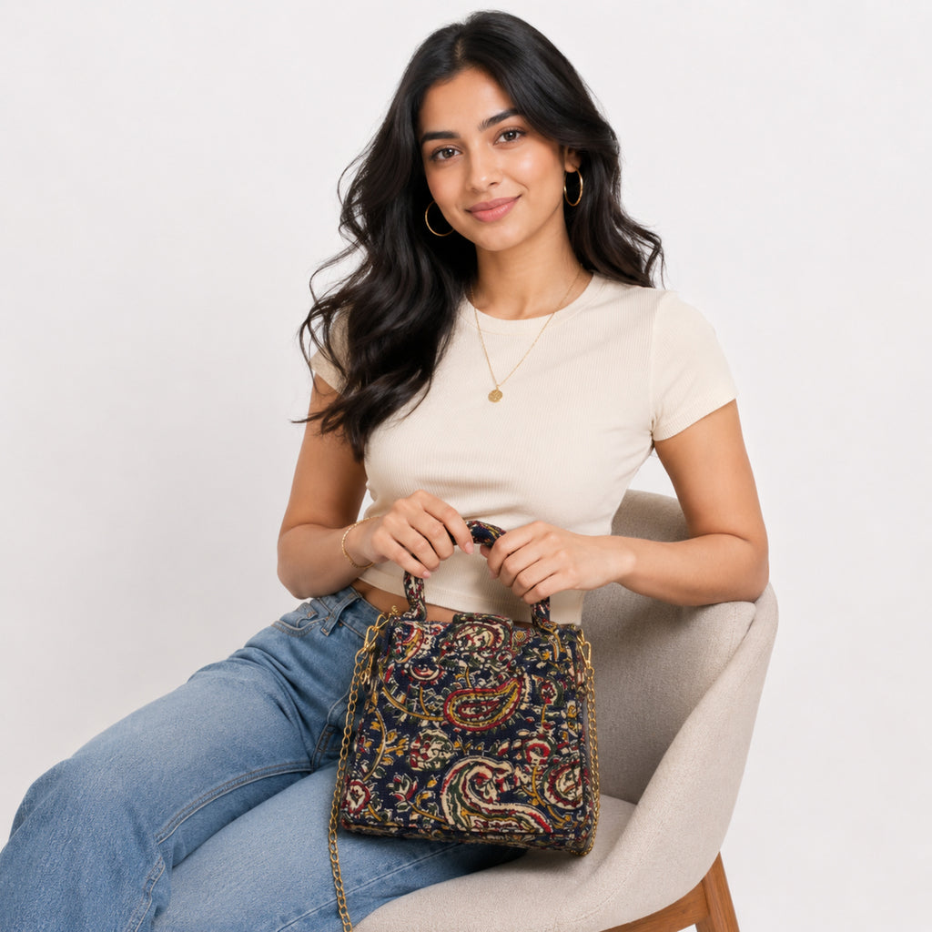 Women's Navy Blue Paisley Print Mini Handbag with Chain Strap-4