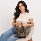 Women's Navy Blue Paisley Print Mini Handbag with Chain Strap-4