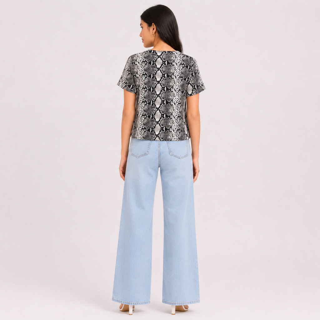 Women's Beige Snake Print Round Neck Regular Fit Top with Short Sleeves-1