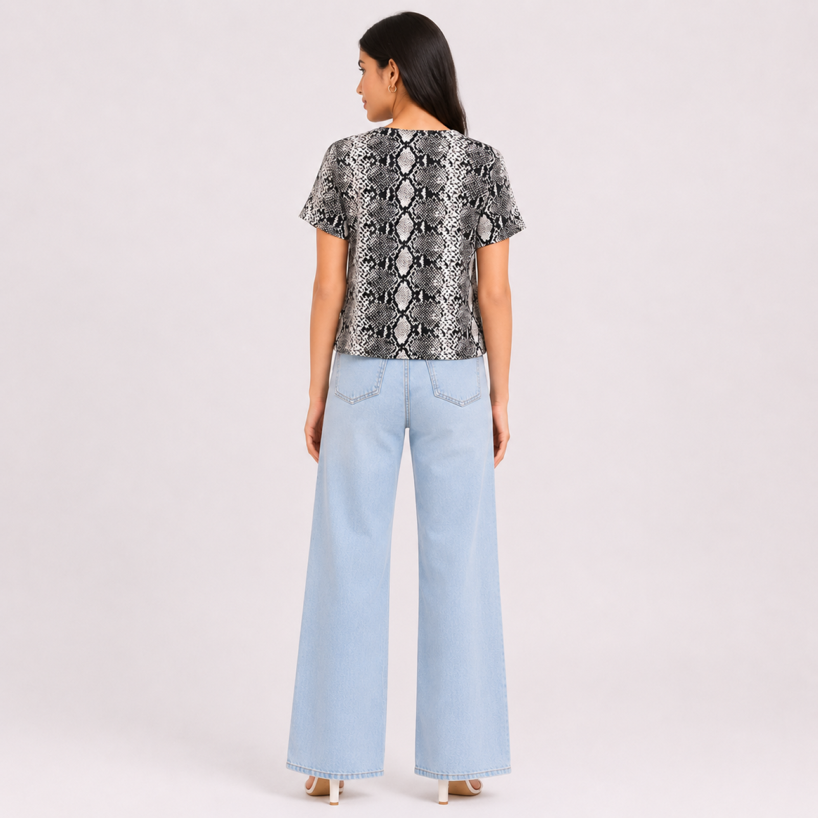 Women's Beige Snake Print Round Neck Regular Fit Top with Short Sleeves-1