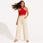 Women's Red Solid Sleeveless Criss-Cross Halter Neck Crop Top for Casual and Party Wear-2