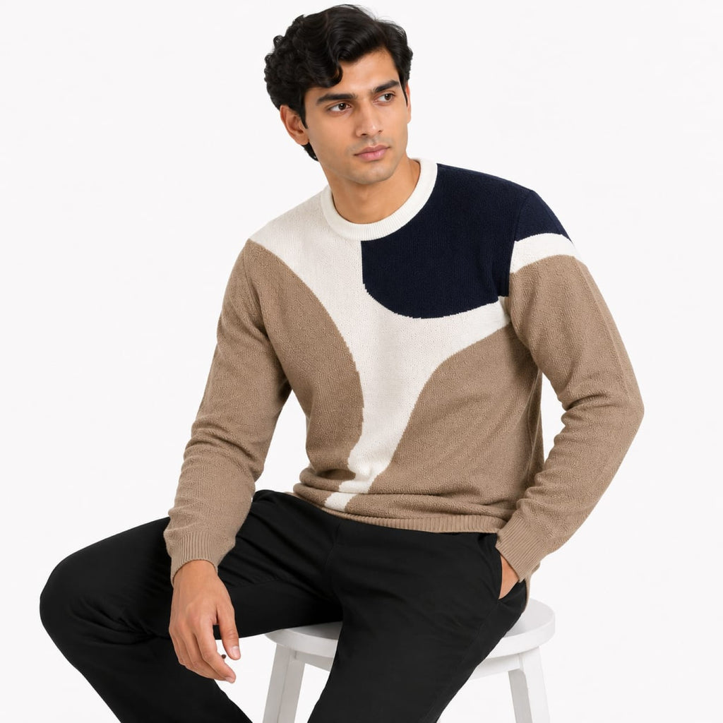 Men's Brown Abstract Colorblock Crew Neck Knit Sweater-3