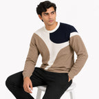 Men's Brown Abstract Colorblock Crew Neck Knit Sweater-3