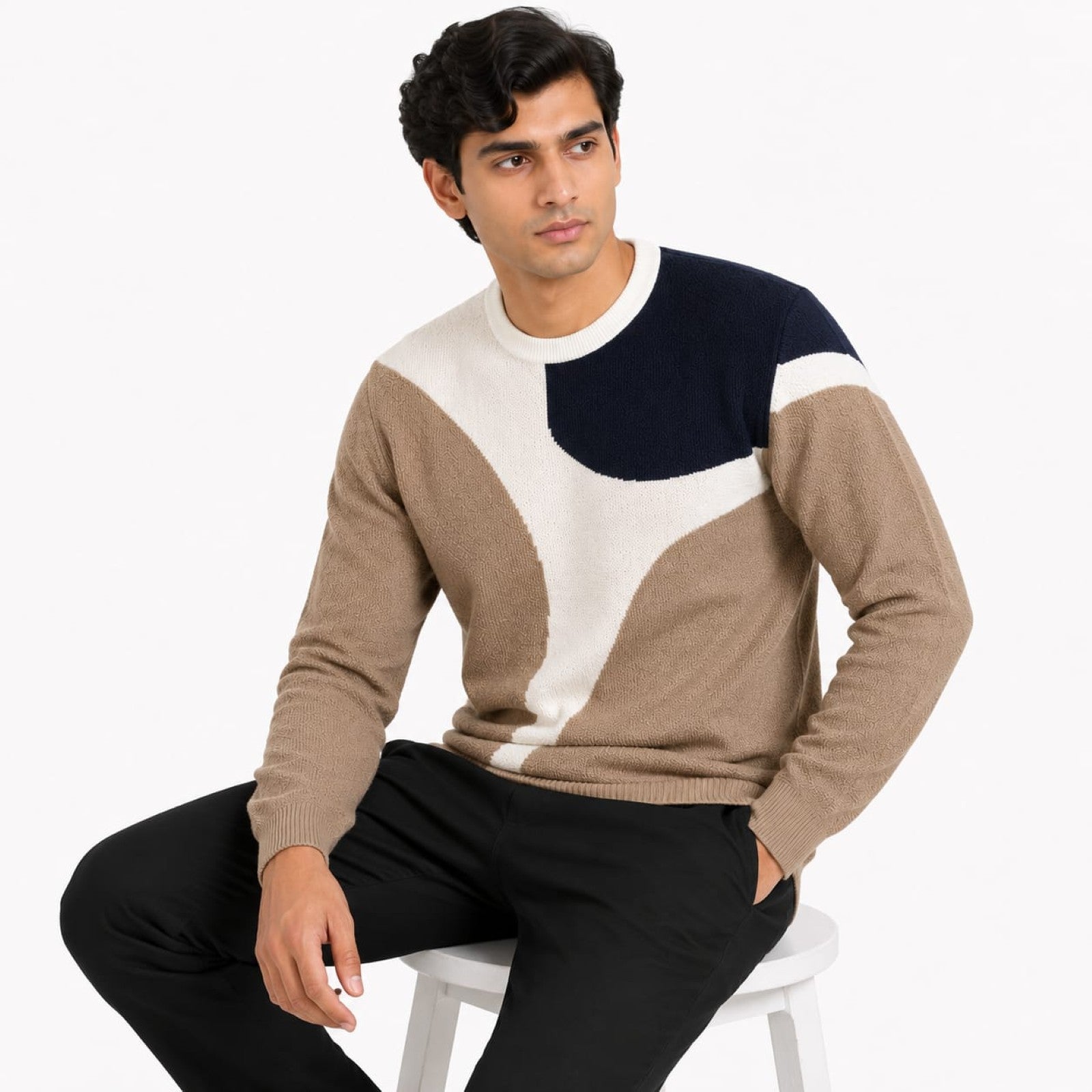 Men's Brown Abstract Colorblock Crew Neck Knit Sweater-3