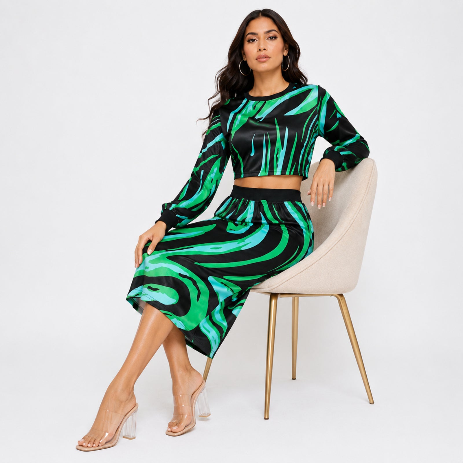 Women's Green Abstract Print Long Sleeve Crop Top and Midi Skirt Co-Ord Set | Statement Two-Piece Outfit-2