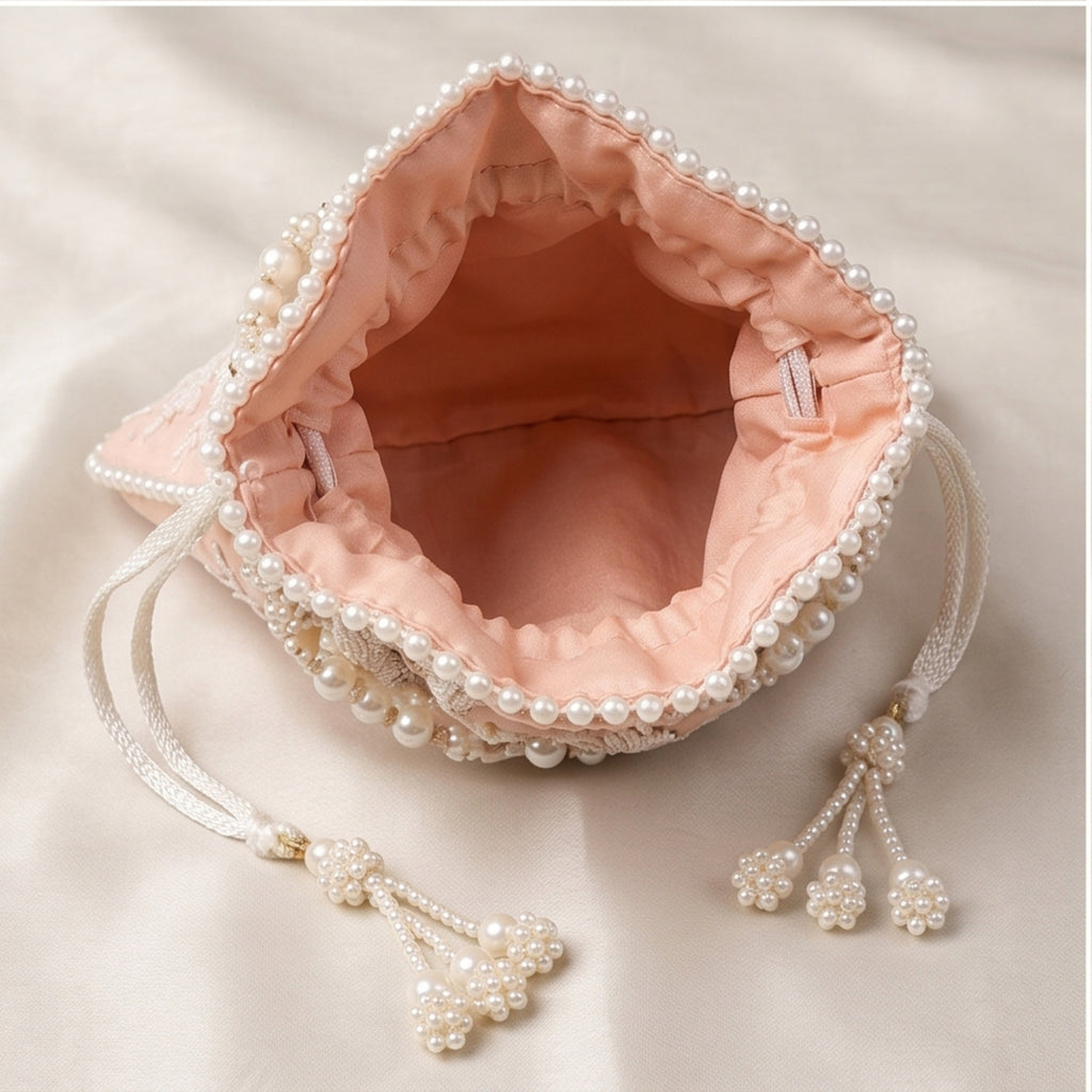 Women's Peach Embroidered Potli Bag with Pearl Handle-4