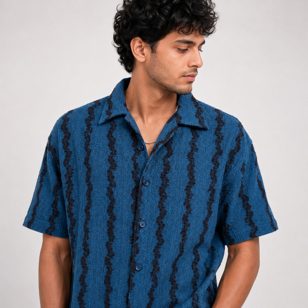 Men's Teal Textured Resort Collar Printed Shirt-3