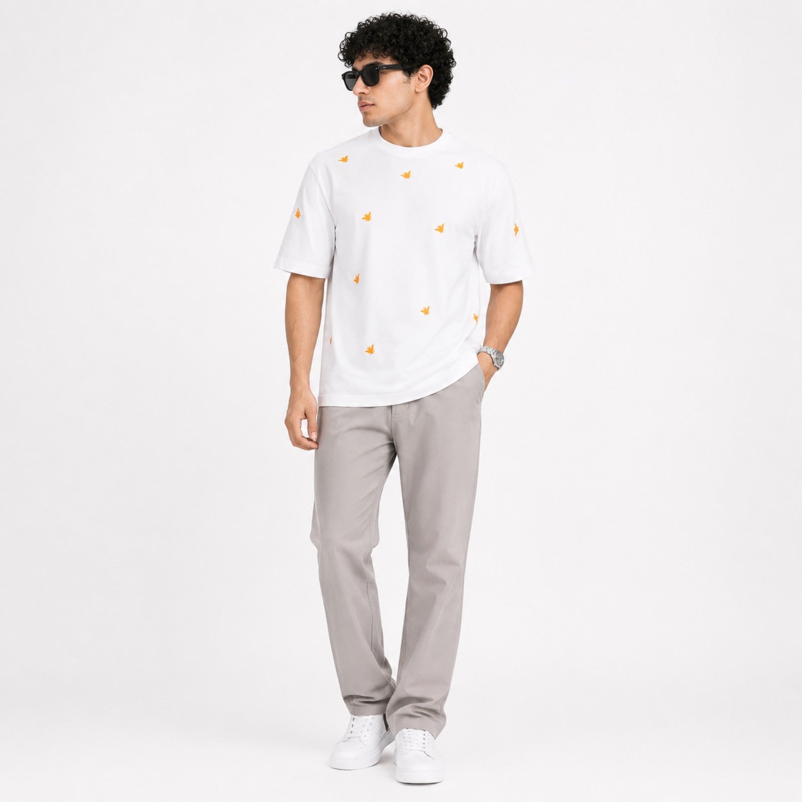 Men's White Minimal Printed Oversized T-Shirt-3