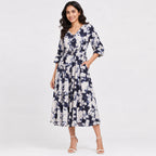 Women's Elegant Floral Print A-Line Midi Dress with Belt-2