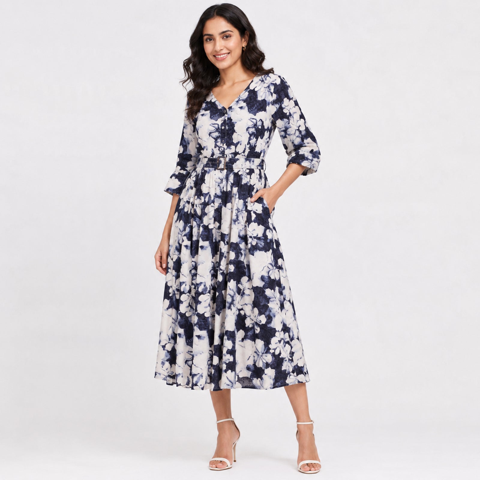 Women's Elegant Floral Print A-Line Midi Dress with Belt-2