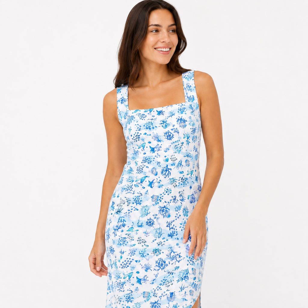 Women's Sky Blue Floral Print Sleeveless Maxi Dress with Side Slit-2