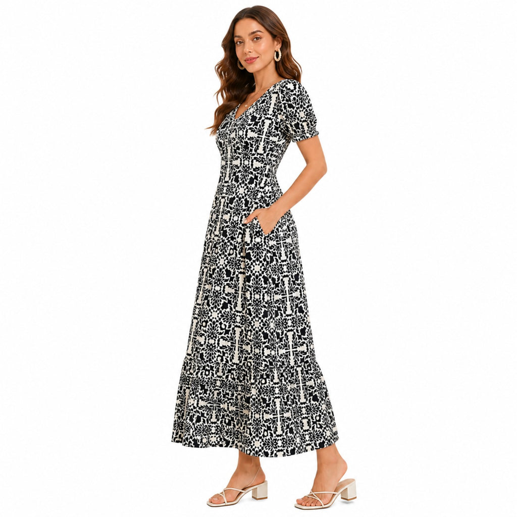 Women's Printed V-Neck Midi Dress with Puff Sleeves-2