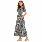 Women's Printed V-Neck Midi Dress with Puff Sleeves-2