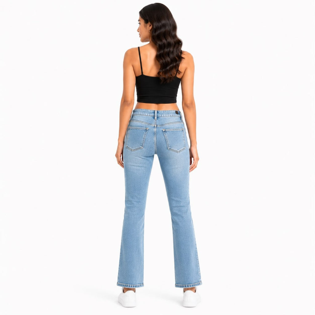 Women's Light Blue High-Rise Flared Denim Jeans with Washed Finish-4