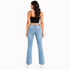 Women's Light Blue High-Rise Flared Denim Jeans with Washed Finish-4