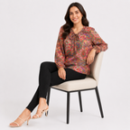 Women's Orange Paisley Print Tie-Neck Full Sleeve Top-1