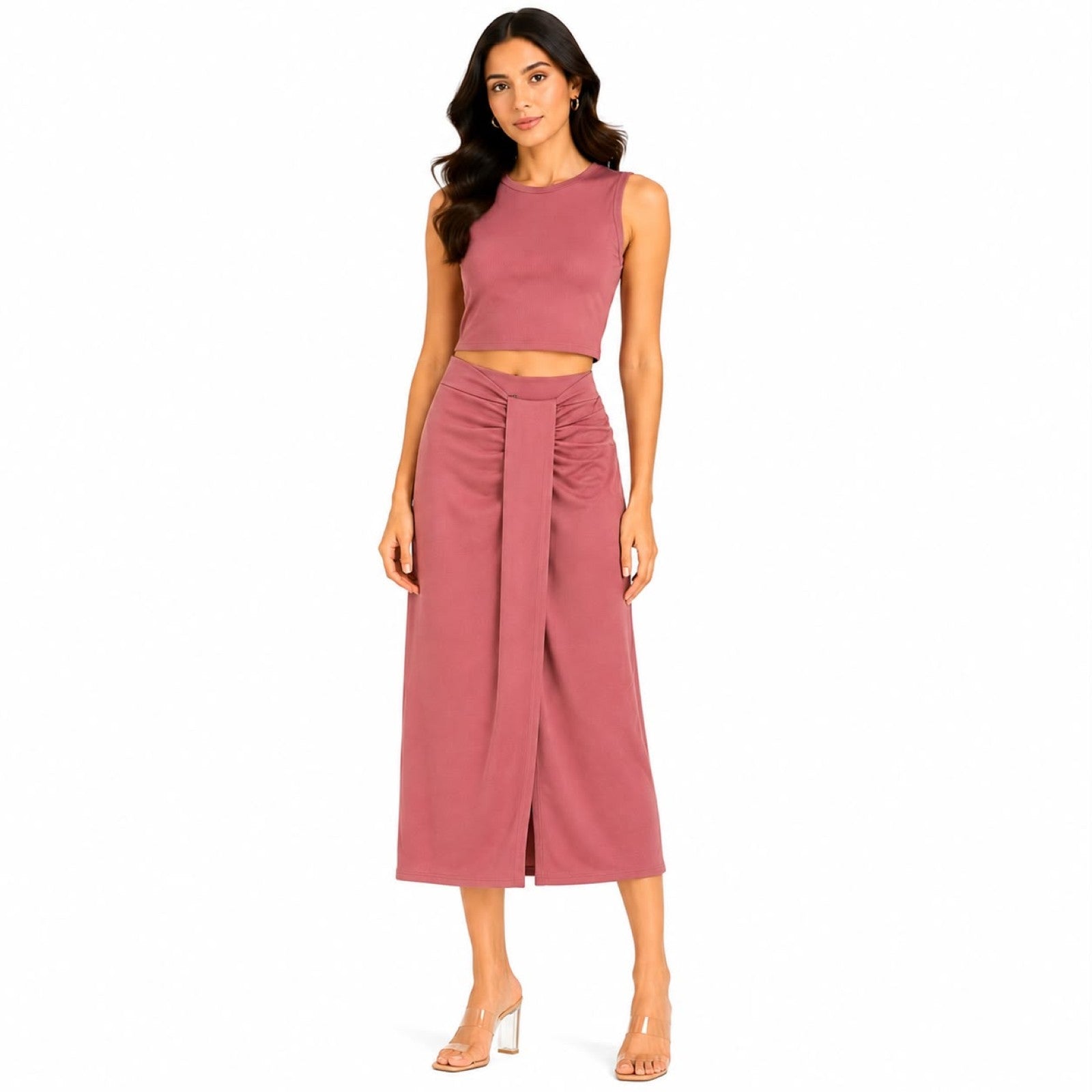 Women's Pink Sleeveless Crop Top and Front Drape Midi Skirt Co-Ord Set-1