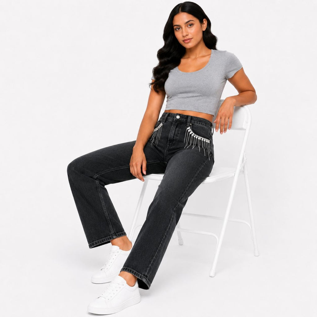 Women's Dusty Grey Wide Leg Jeans with Rhinestone Fringe | High-Rise Statement Denim-2