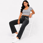 Women's Dusty Grey Wide Leg Jeans with Rhinestone Fringe | High-Rise Statement Denim-2
