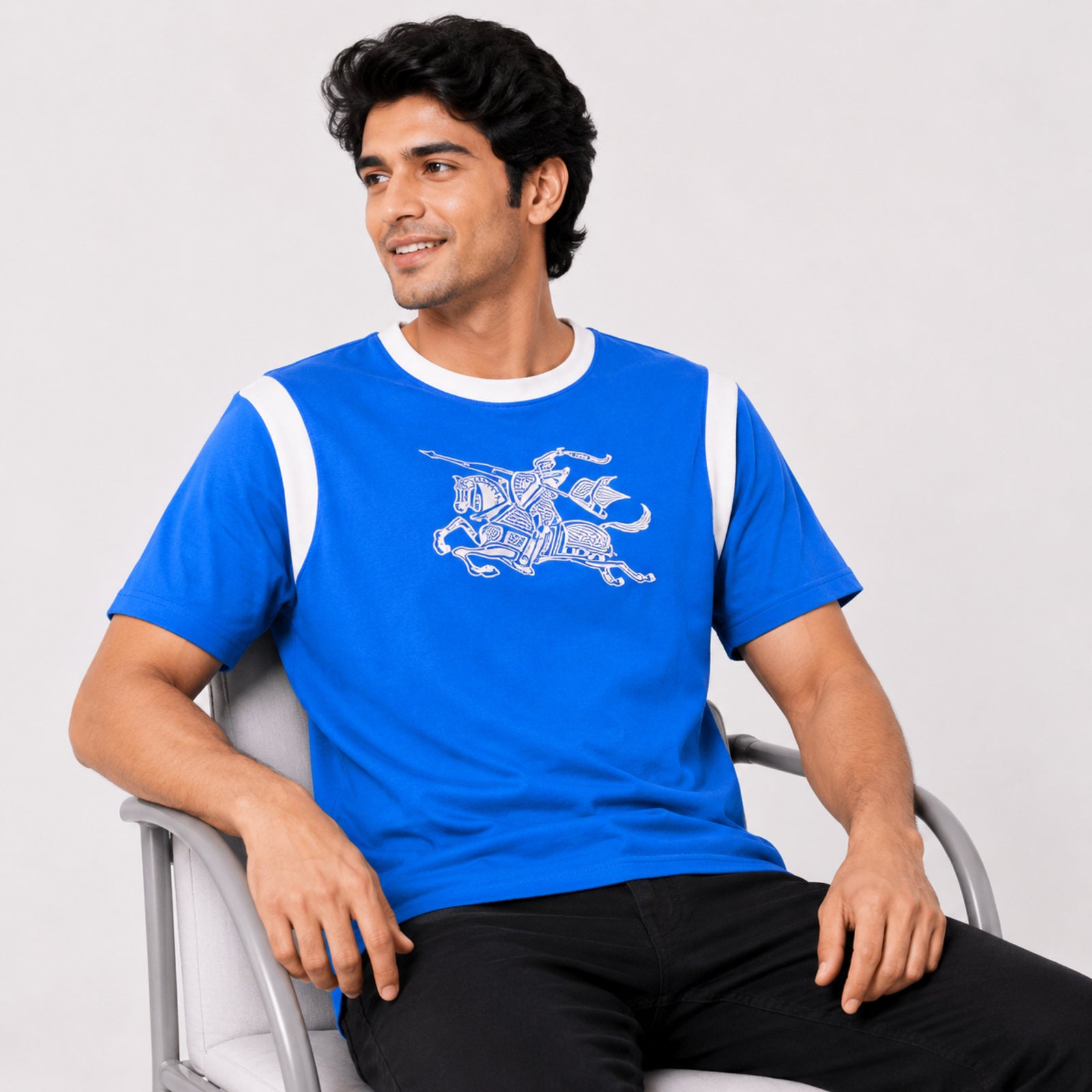 Men's Blue Graphic Print Crew Neck T-Shirt-2