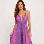 Women's Pink Paisley Printed Deep V-Neck Maxi Dress-3