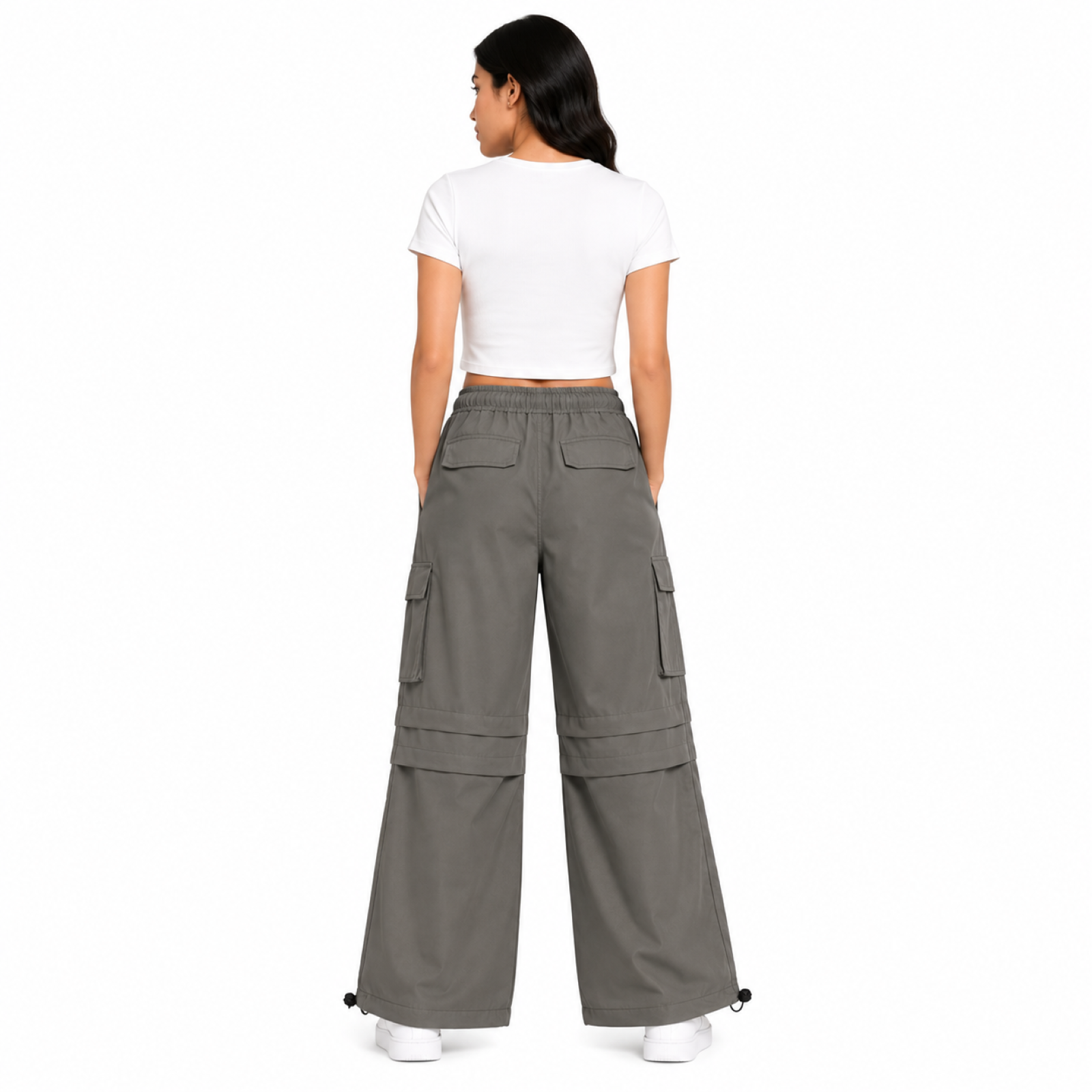 Women's Light Grey High-Waist Cargo Wide Leg Utility Pants-4