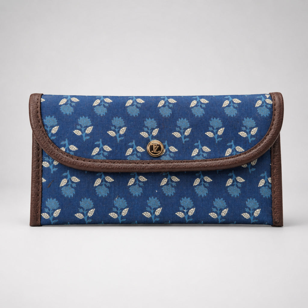 Women's Luxury Floral-Print Blue Canvas Clutch Wallet with Leather Trim-1