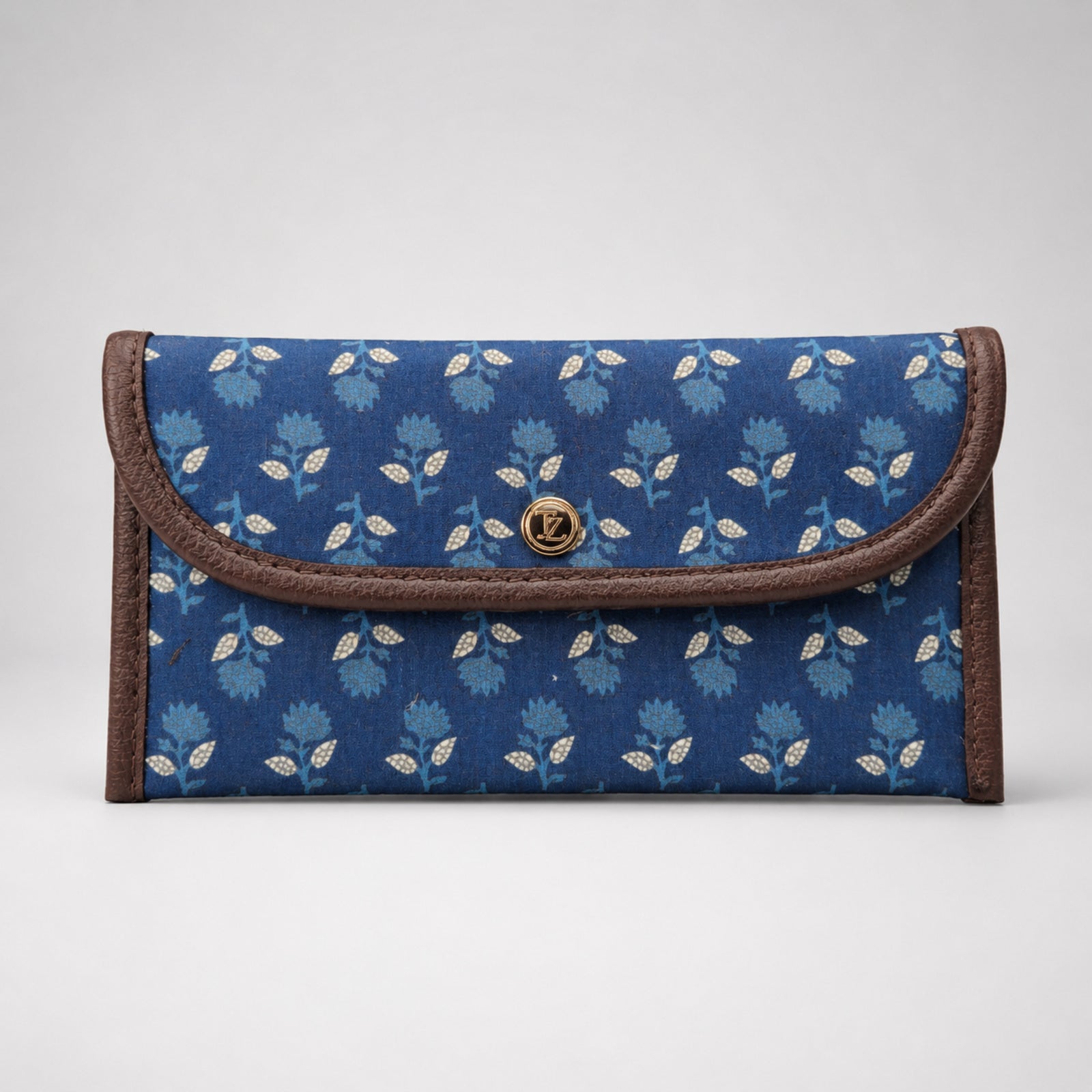 Women's Luxury Floral-Print Blue Canvas Clutch Wallet with Leather Trim-1