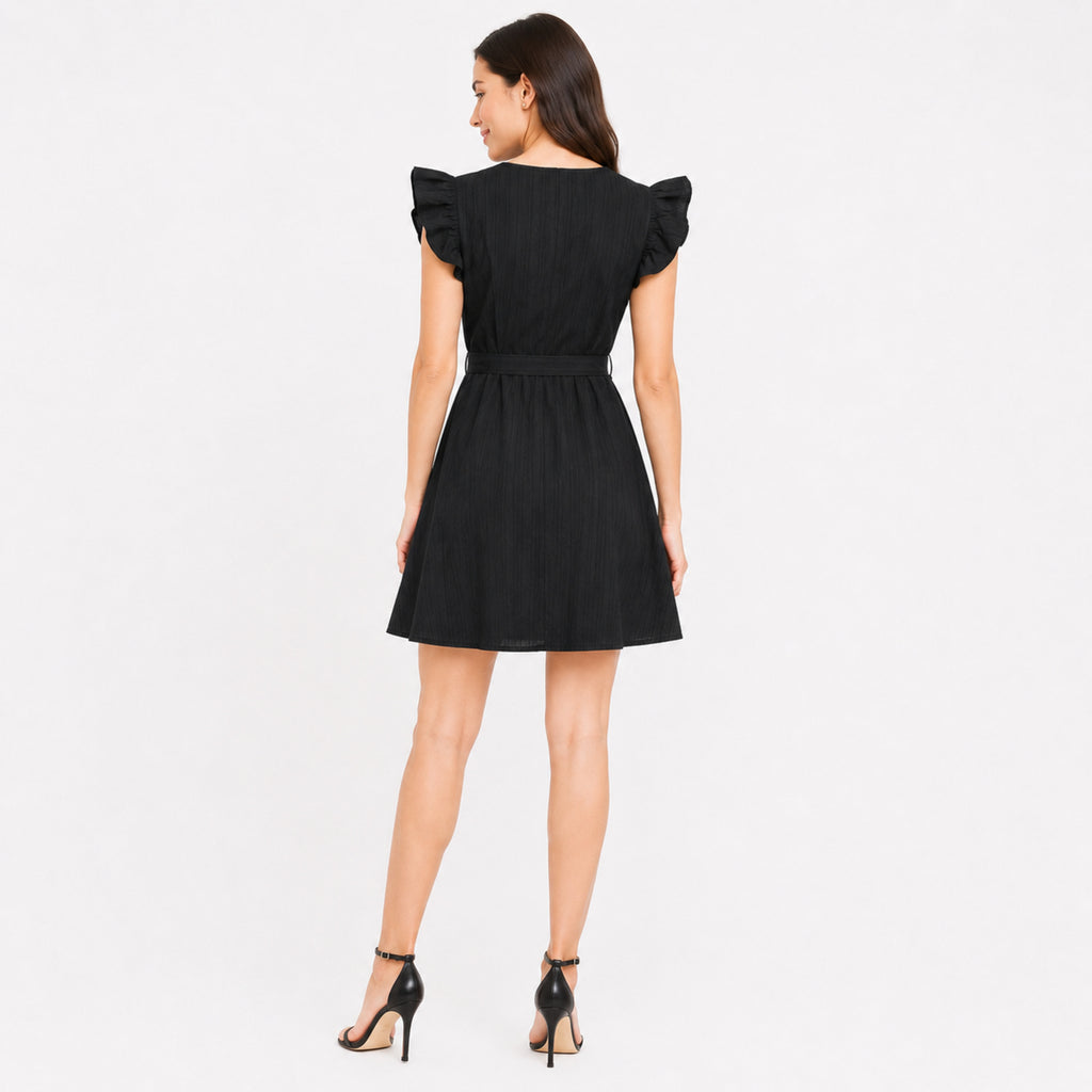 Women's Black Pintuck Ruffle Sleeve Belted A-Line Mini Dress | Button Detail Casual Day Dress-4