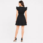 Women's Black Pintuck Ruffle Sleeve Belted A-Line Mini Dress | Button Detail Casual Day Dress-4