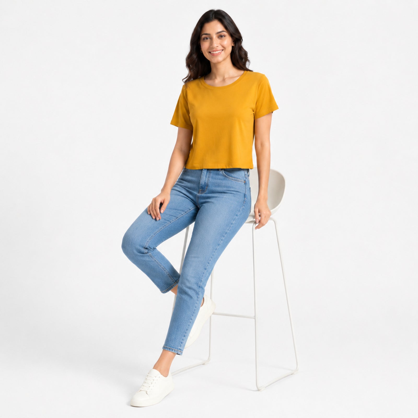 Women's Mustard Round Neck Short Sleeve Relaxed Crop T-Shirt | Solid Casual Everyday Top-2
