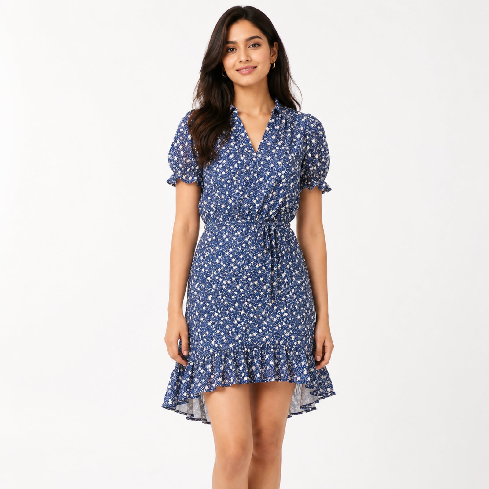 Women's Navy Blue Floral Wrap Mini Dress-1