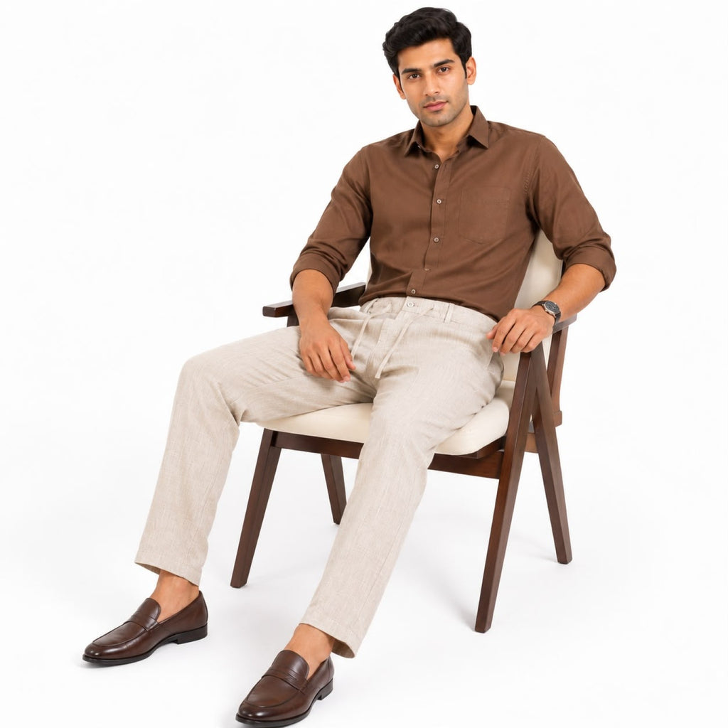 Men's Cream Pleated Drawcord Waist Tapered Casual Trousers-2