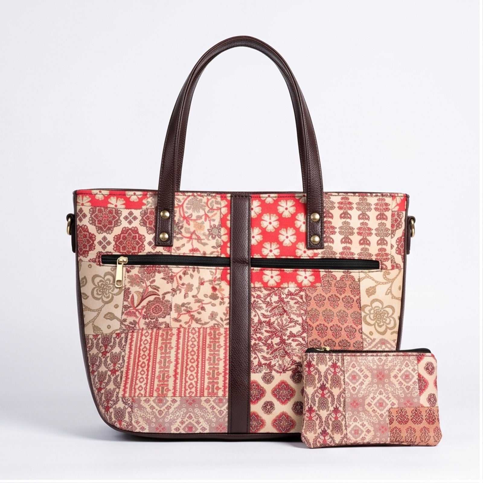 Women's Luxury Patchwork Pink Floral Tote Bag and Matching Pouch Set-1
