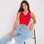 Women's Red Sleeveless V-Neck Crop Top | Slim Fit Casual Stretch Top-2