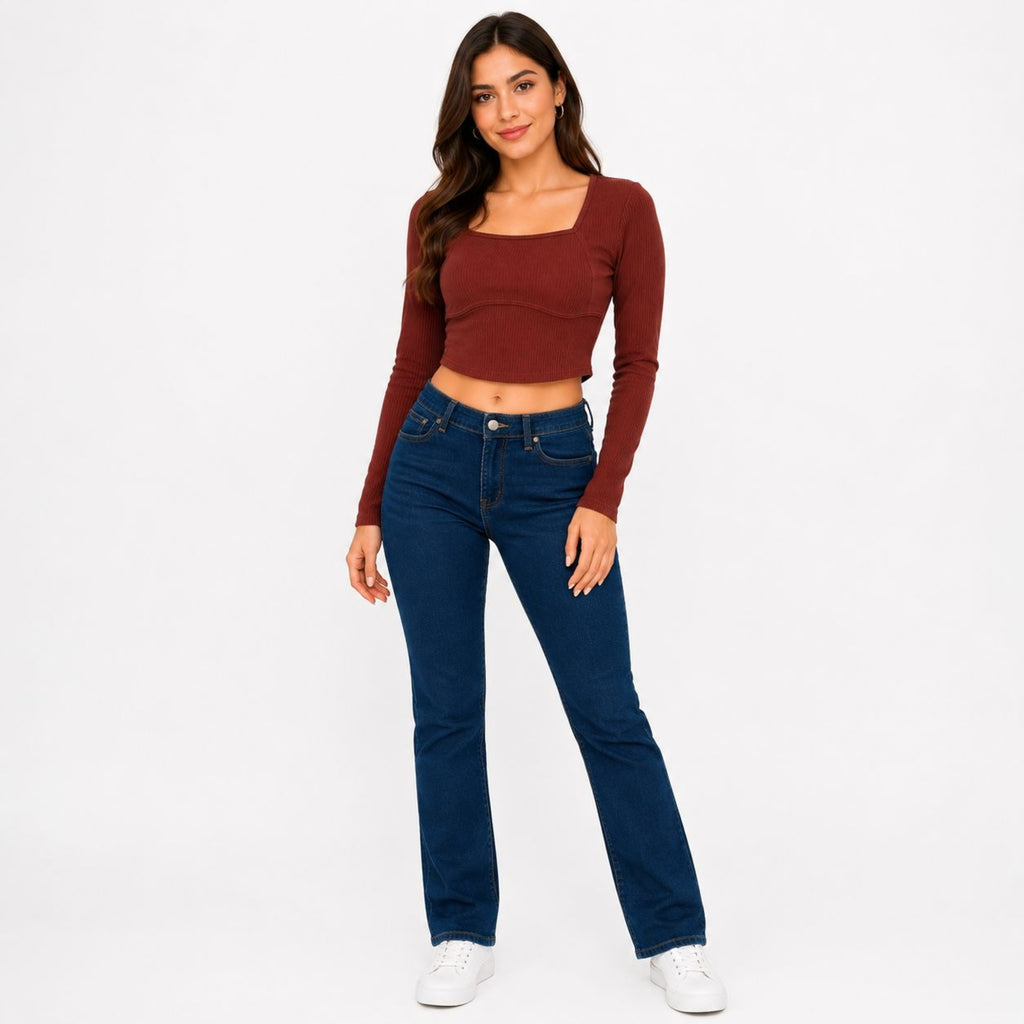 Women's Avant-Garde Rust Red Ribbed Crop Top with Corset-Style Underbust Detailing-1