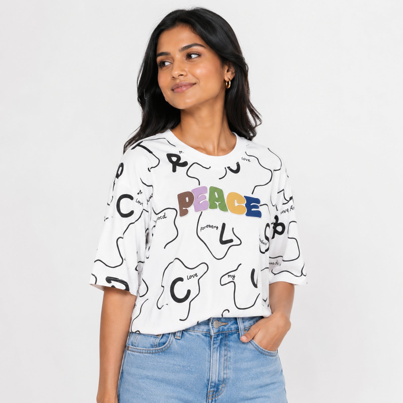 Women's Celestial Alabaster White "Peace" Graphic Tee with Abstract Monochromatic Typography-3