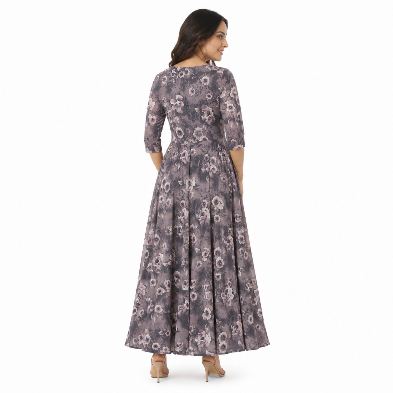 Women's Grey Floral V-Neck Flared Maxi Dress with Three-Quarter Sleeves-4