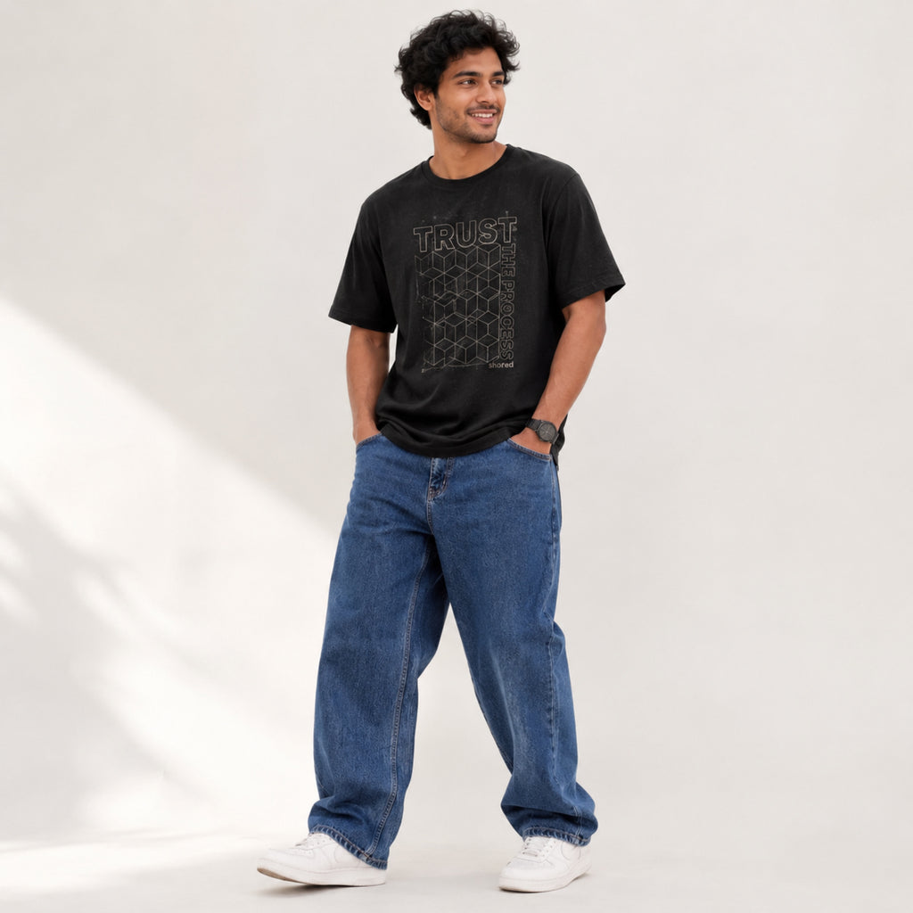 Men's Blue Baggy Fit Washed Denim Jeans-2