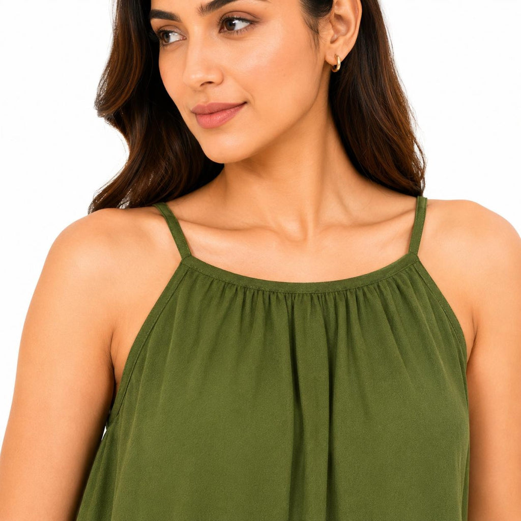 Women's Olive Green Sleeveless Flowy Maxi Dress-1