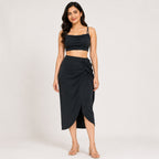 Women's Black Ruched Wrap Midi Skirt Co-Ord Set-1