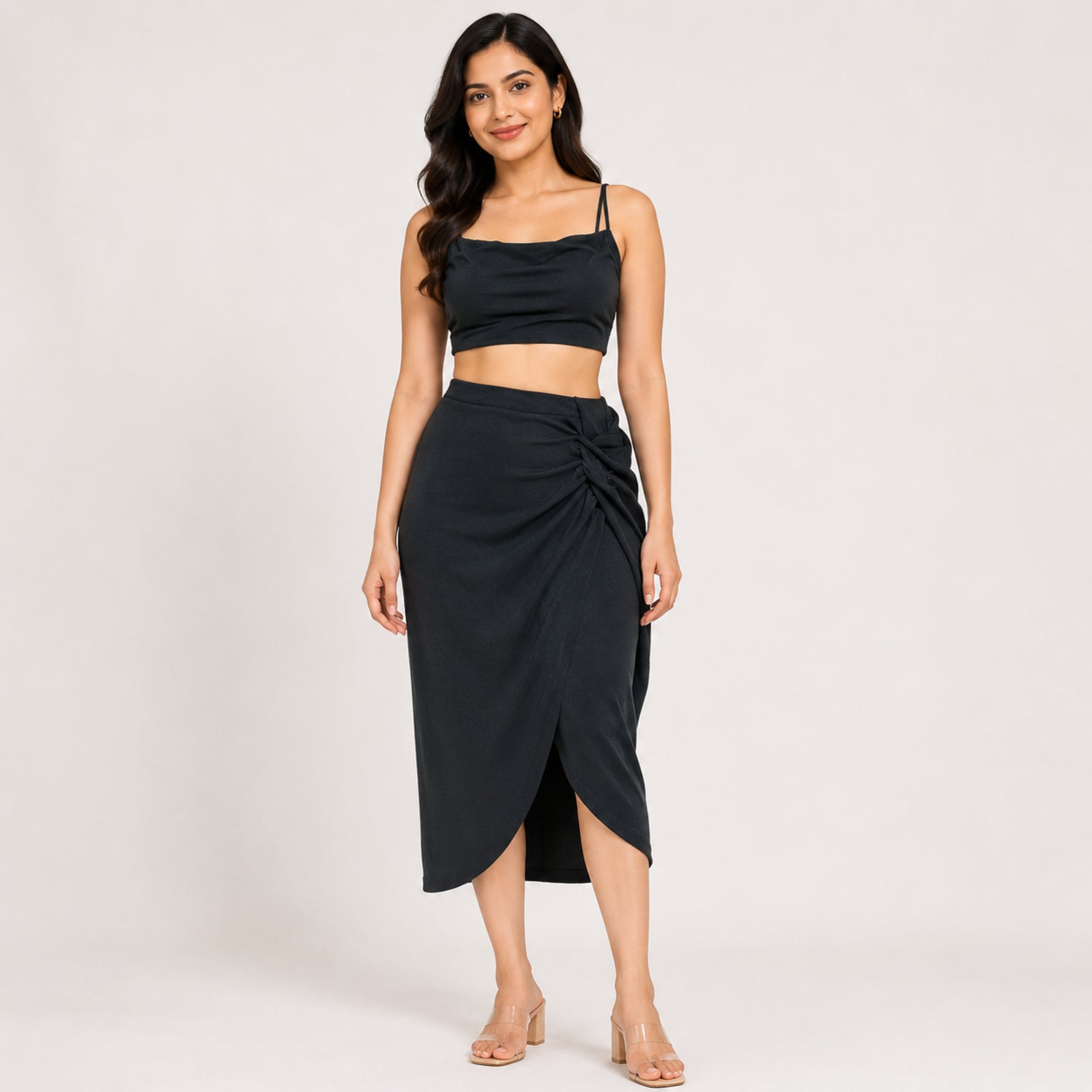 Women's Black Ruched Wrap Midi Skirt Co-Ord Set-1