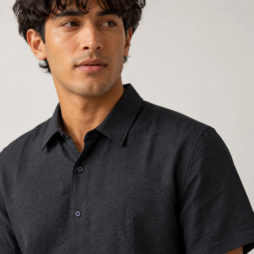 Men's Navy Blue Solid Half Sleeve Casual Shirt-3