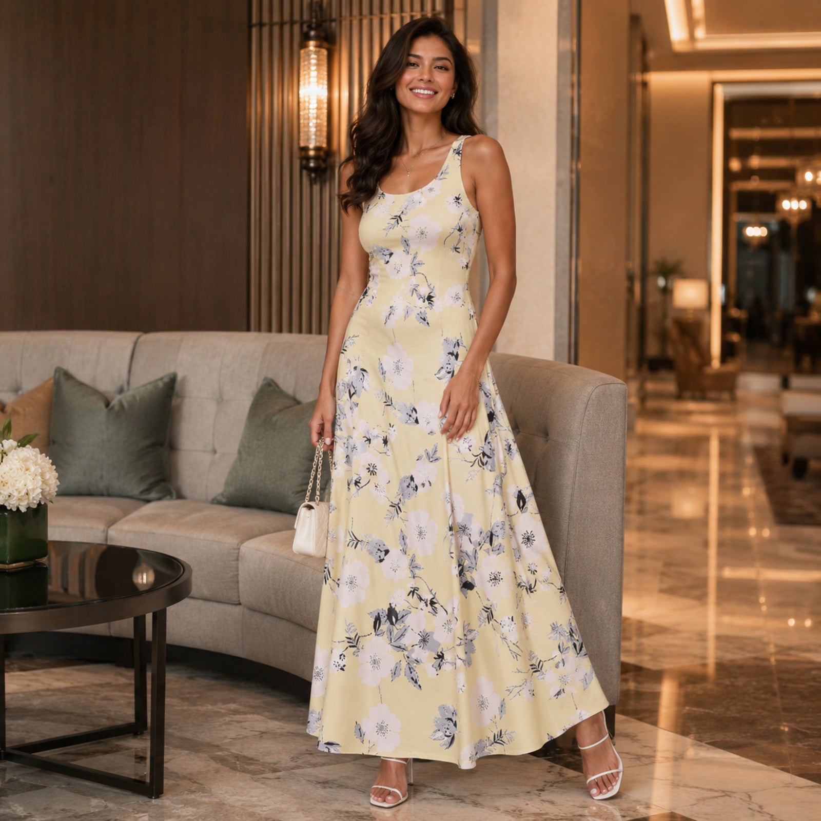Women's Yellow Floral Printed Sleeveless Maxi Dress-3