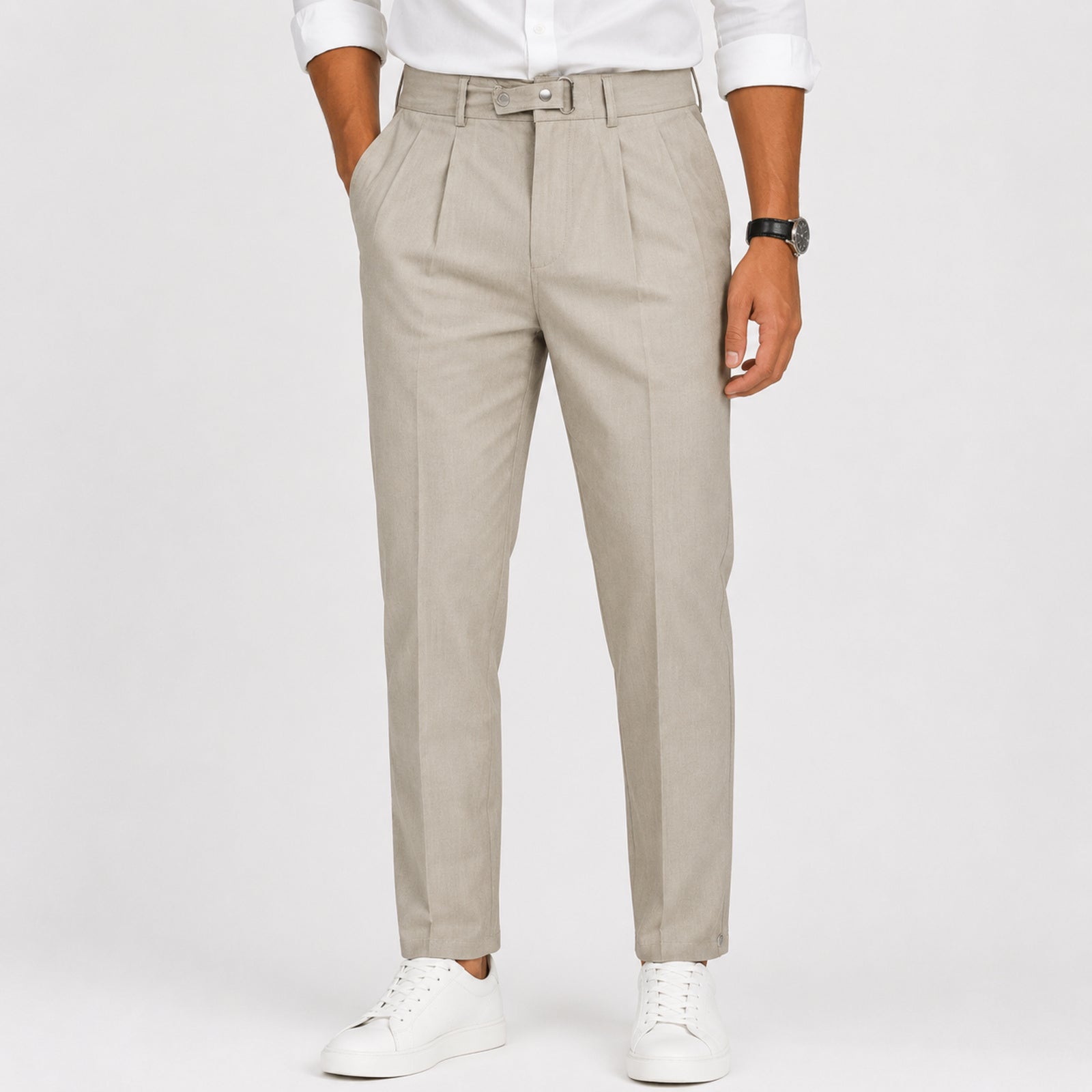 Men's Luxury Beige Slim Fit Tailored Formal Trousers-3